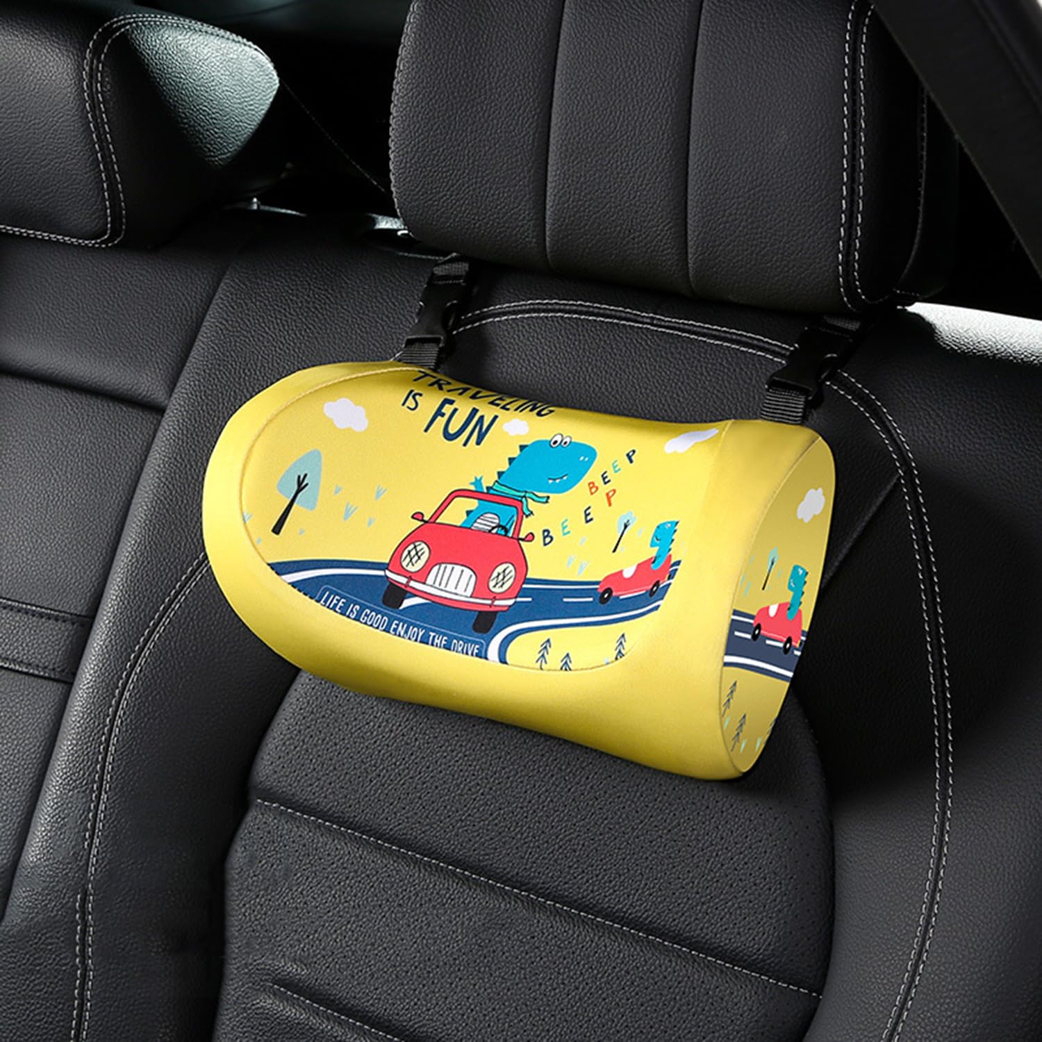 Adjustable Memory Foam Car Headrest Pillow – Ergonomic Neck Support for Kids & Adults (Yellow Dinosaur)