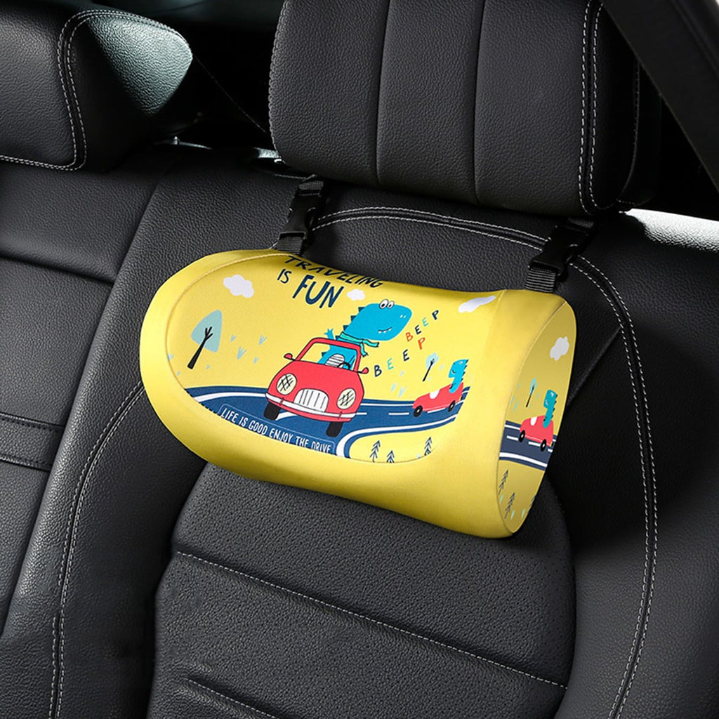 Adjustable Memory Foam Car Headrest Pillow – Ergonomic Neck Support for Kids & Adults (Yellow Dinosaur)